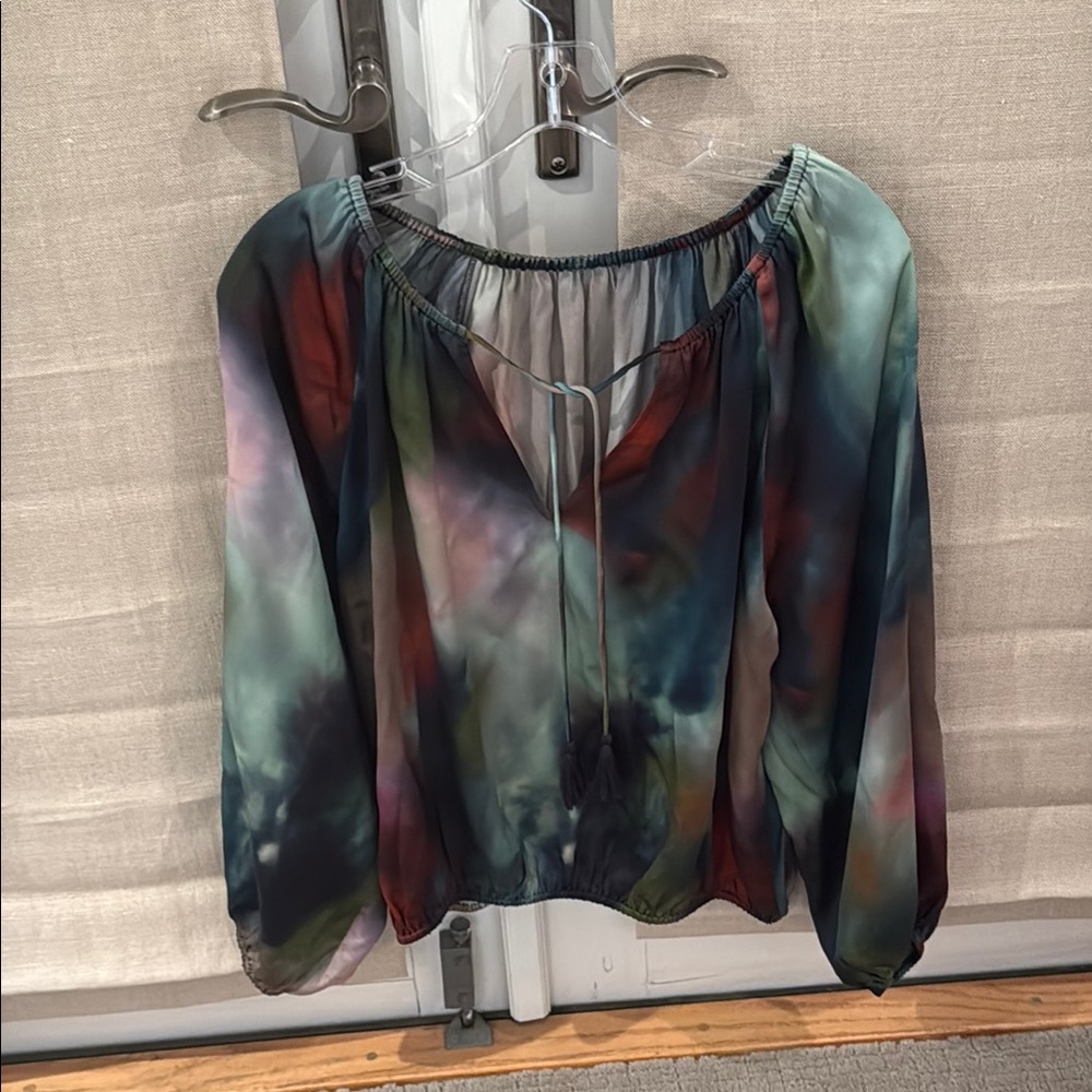 Blue and Red Long Sleeve Tie Front Blouse by Go silk.100 pct silk
